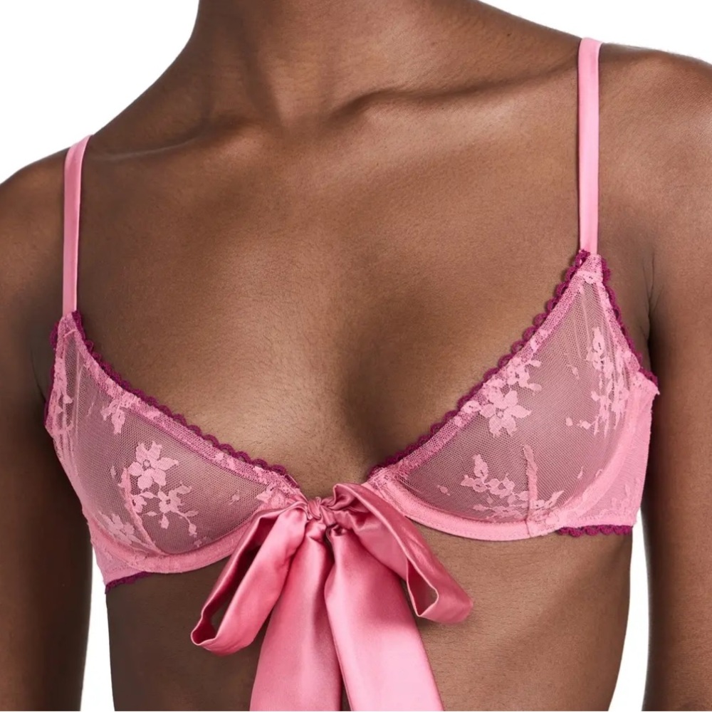 Elegant Pink Lace Bra with Satin Bow